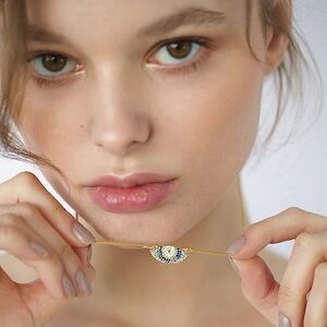 Blue Micro‎ Inlaid Evil Eye Necklace | Yellow Gold Filled